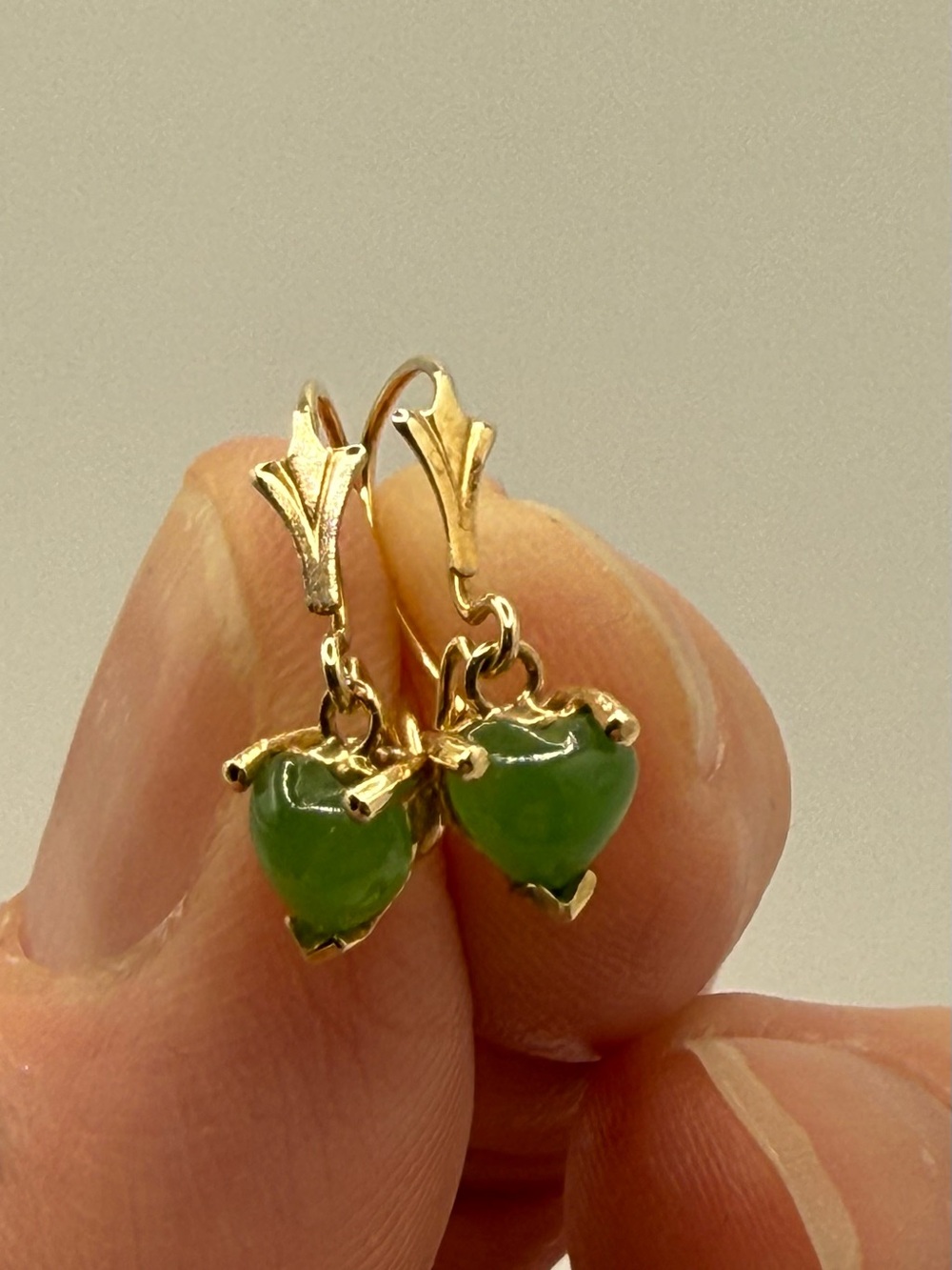 14K Yellow Gold Nephrite Jade Heart Drop Earrings